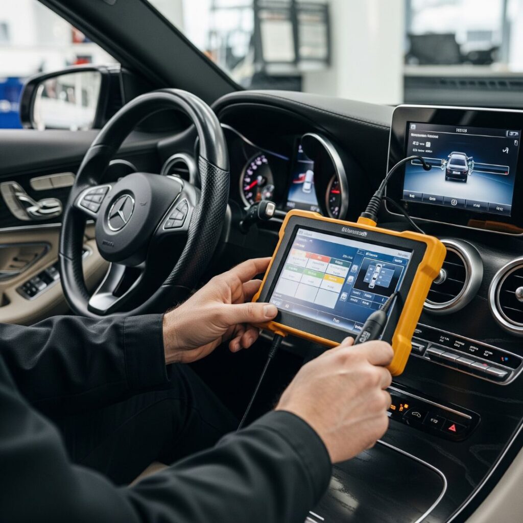 A technician's hands using a diagnostic tool on a Mercedes-Benz dashboard.