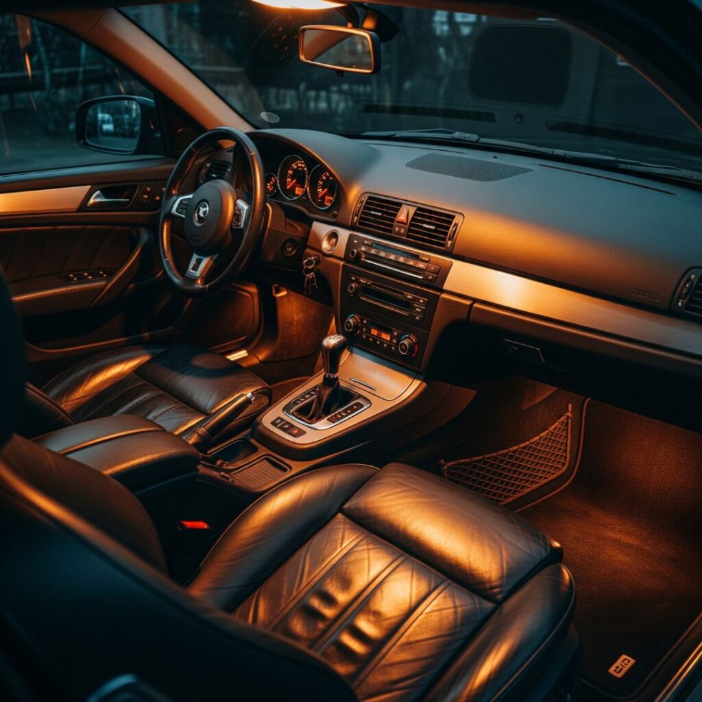 The meticulously maintained leather interior of a European car.
